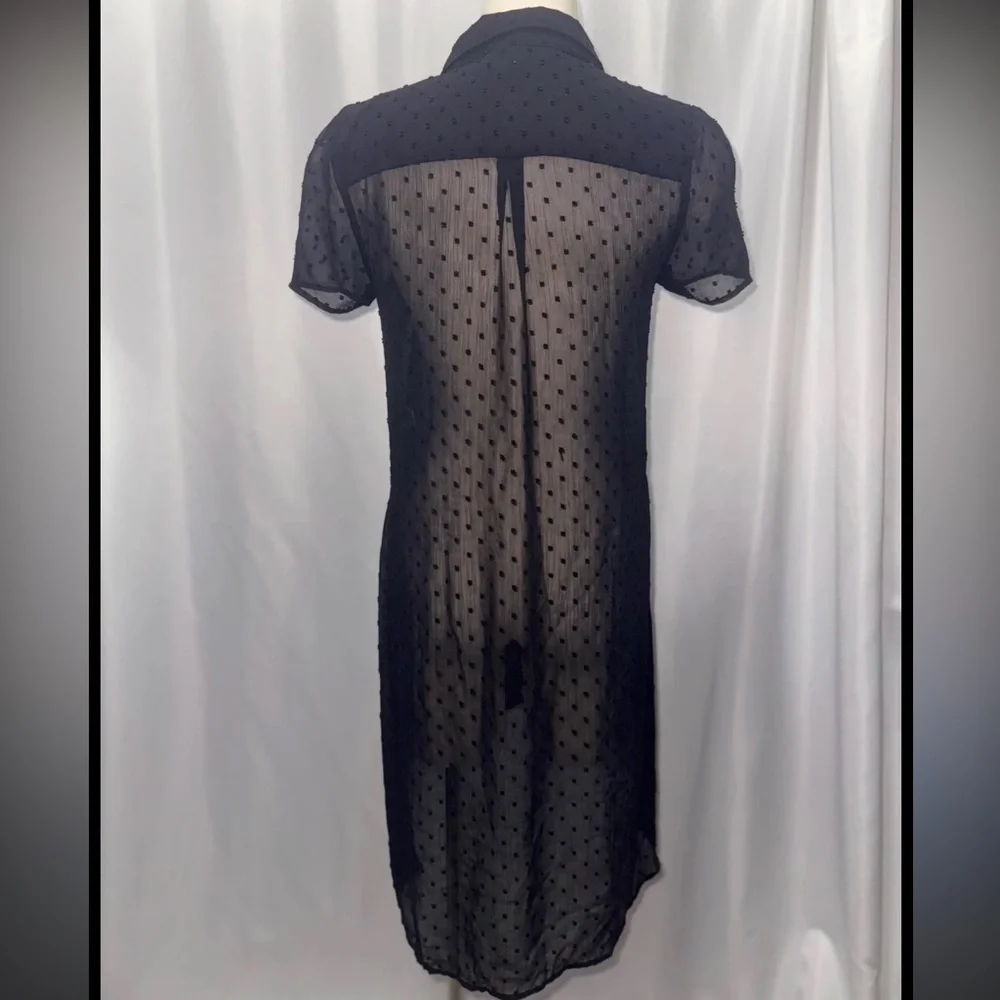 Elle black sheer button up high low short sleeve relaxed long shirt duster Small